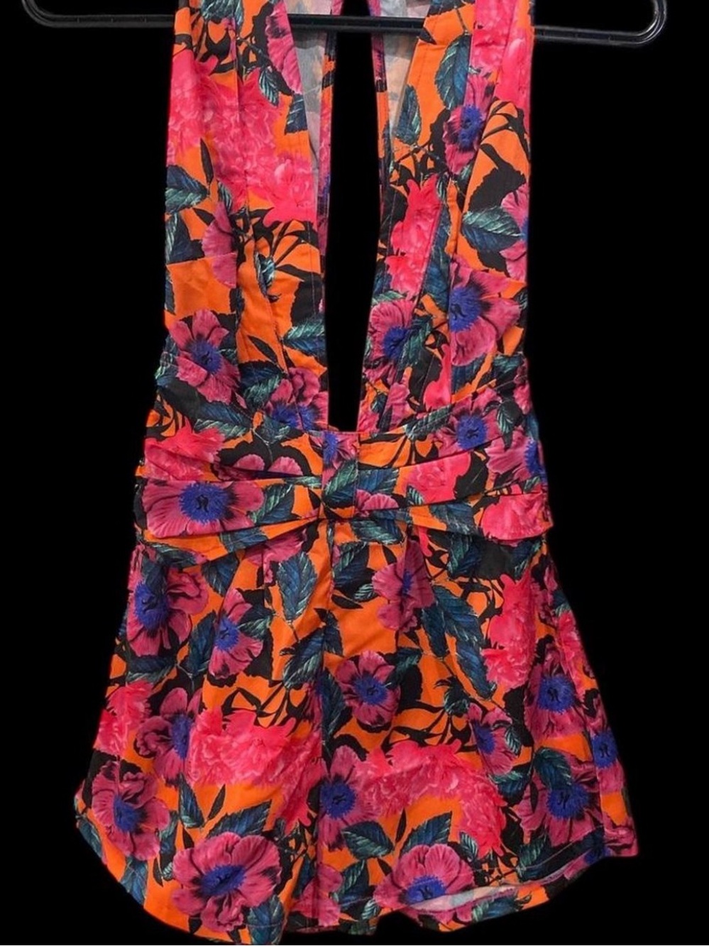 Bright Floral Halter Romper in Orange and Pink